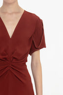 VICTORIA BECKHAM GATHERED V-NECK DRESS OXBLOOD RED