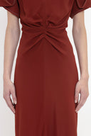 VICTORIA BECKHAM GATHERED V-NECK DRESS OXBLOOD RED