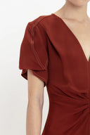 VICTORIA BECKHAM GATHERED V-NECK DRESS OXBLOOD RED