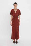 VICTORIA BECKHAM GATHERED V-NECK DRESS OXBLOOD RED
