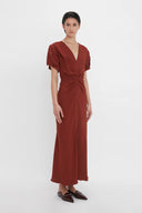 VICTORIA BECKHAM GATHERED V-NECK DRESS OXBLOOD RED