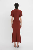 VICTORIA BECKHAM GATHERED V-NECK DRESS OXBLOOD RED