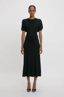 VICTORIA BECKHAM GATHERED WAIST MIDI DRESS BLACK