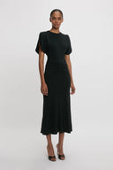VICTORIA BECKHAM GATHERED WAIST MIDI DRESS BLACK