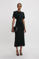VICTORIA BECKHAM GATHERED WAIST MIDI DRESS BLACK
