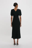 VICTORIA BECKHAM GATHERED WAIST MIDI DRESS BLACK