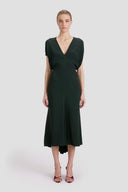 VICTORIA BECKHAM BLOUSON DETAIL MIDI DRESS DARK PINE
