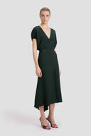 VICTORIA BECKHAM BLOUSON DETAIL MIDI DRESS DARK PINE