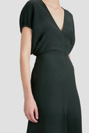 VICTORIA BECKHAM BLOUSON DETAIL MIDI DRESS DARK PINE