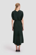 VICTORIA BECKHAM BLOUSON DETAIL MIDI DRESS DARK PINE