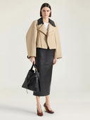 GIVENCHY CROPPED PEACOAT JACKET WITH LEATHER COLLAR BEIGE