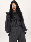 CHLOÉ HIGH NECK RUFFLE BLOUSE GRAPHIC GREY
