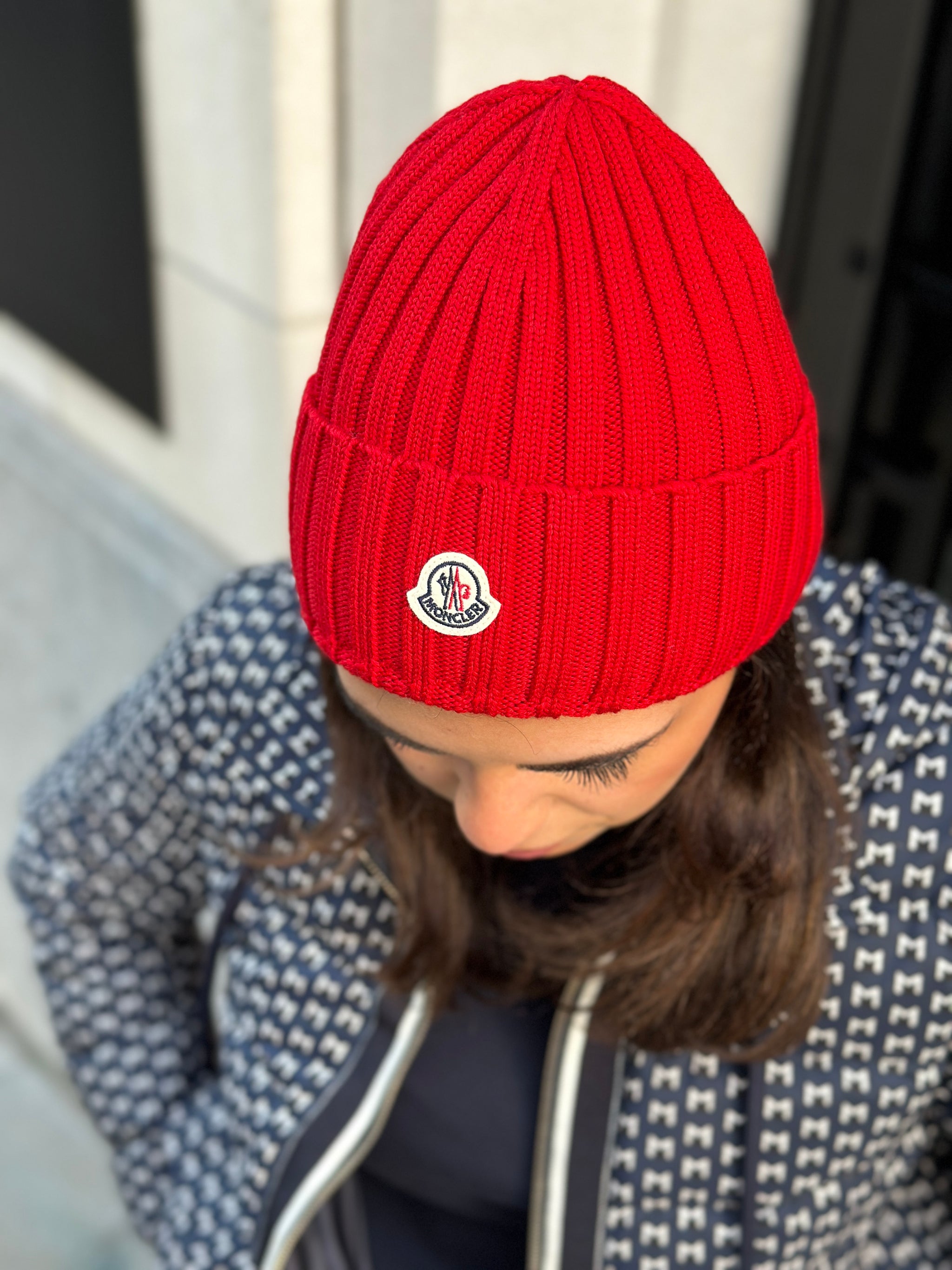 Moncler Virgin Wool Ribbed Beanie – Vibrant Red with Iconic Logo Patch Moncler Enfant Boys Logo Beanie Hat in Red | Childsplay Clothing main image 3