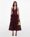 SELF-PORTRAIT PLUM LINEN BLEND PEPLUM MIDI DRESS BURGUNDY