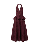 SELF-PORTRAIT PLUM LINEN BLEND PEPLUM MIDI DRESS BURGUNDY