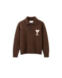 AMI PARIS ADC ALPACA KNIT POLO SWEATER DARK BROWN