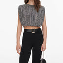 SELF-PORTRAIT CROPPED DRAPED RHINESTONES TOP SILVER