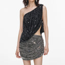 SELF-PORTRAIT ONE SHOULDER RHINESTONES TOP BLACK