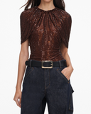 SELF-PORTRAIT RHINESTONE CAPE SLEEVE TOP BROWN