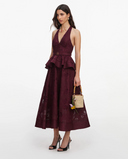 SELF-PORTRAIT PLUM LINEN BLEND PEPLUM MIDI DRESS BURGUNDY