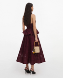 SELF-PORTRAIT PLUM LINEN BLEND PEPLUM MIDI DRESS BURGUNDY