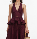 SELF-PORTRAIT PLUM LINEN BLEND PEPLUM MIDI DRESS BURGUNDY