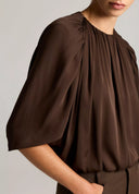 VINCE GATHERED CAPE SLEEVE BUBBLE BLOUSE BROWN