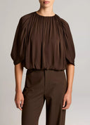 VINCE GATHERED CAPE SLEEVE BUBBLE BLOUSE BROWN