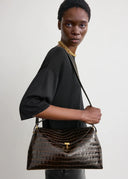 TOTEME T-LOCK CROCO EMBOSSED TOP HANDLE BAG DARK BROWN