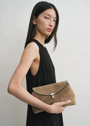 TOTEME T-LOCK CLUTCH SUEDE TOBACCO