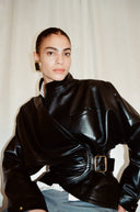 DARKPARK BELTED LEATHER PLONGE JACKET BLACK